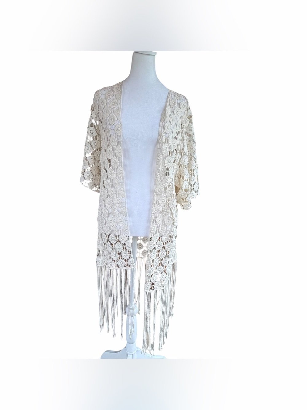 Rebellion Crochet Cardigan Medium Beige Fringe Open Boho Beach Hippie Festival